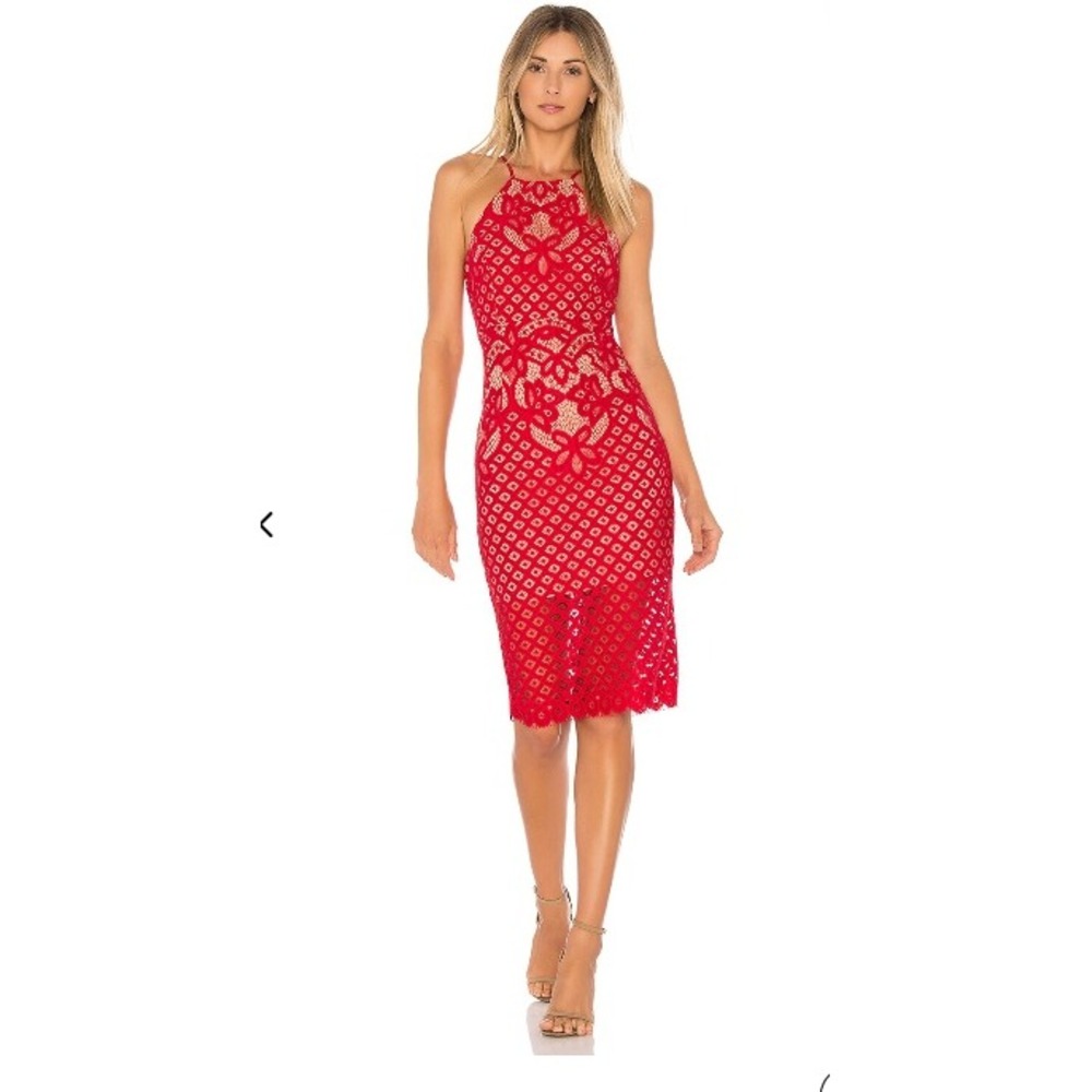Anthropologie Bardot Red Lace Halter Midi Dress Party Cocktail Formal - 8M